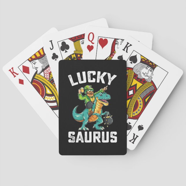 Lucky Saurus Dinosaur T Rex St Patrick's Day Playing Cards (Back)