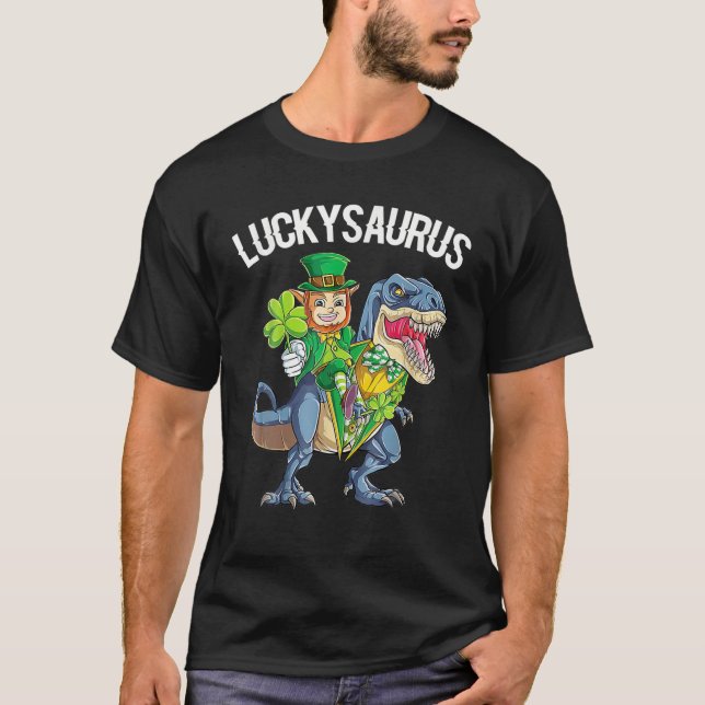 Lucky Saurus Leprechaun And Dinosaur Saints Patric T-Shirt (Front)