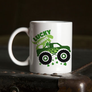 Lucky Saurus Rex Saint Patrick Dinosaur shamrock Two-Tone Coffee Mug