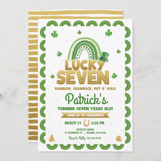 Lucky Seven Birthday Invitation St Patty's Day (Front/Back)