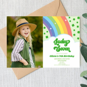 Lucky Seven Rainbow Clover 7th Birthday Party Invitation