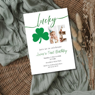 Lucky Shamrock First Birthday Photo Editable  Invitation