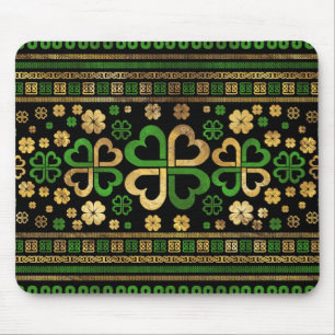 Lucky Shamrock Four-leaf Clover Green and Gold Mouse Pad