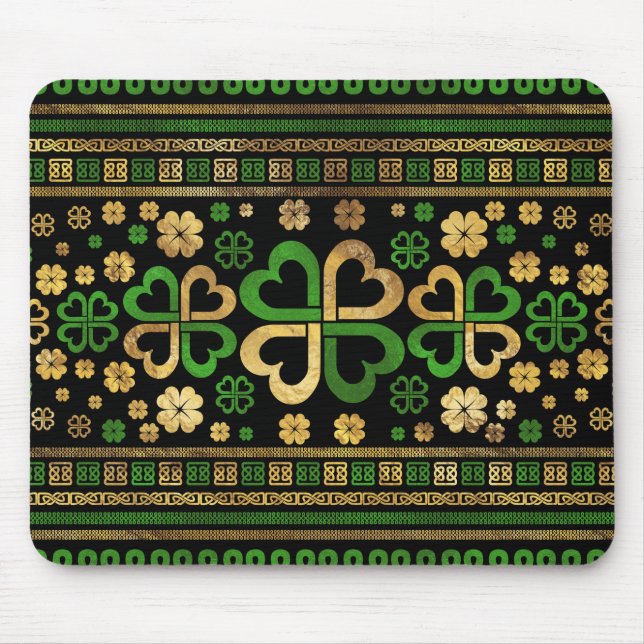 Lucky Shamrock Four-leaf Clover Green and Gold Mouse Pad (Front)