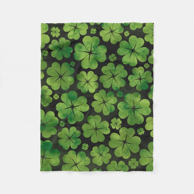 Lucky Shamrock Four-leaf Clover Pattern Watercolor Fleece Blanket (Front)