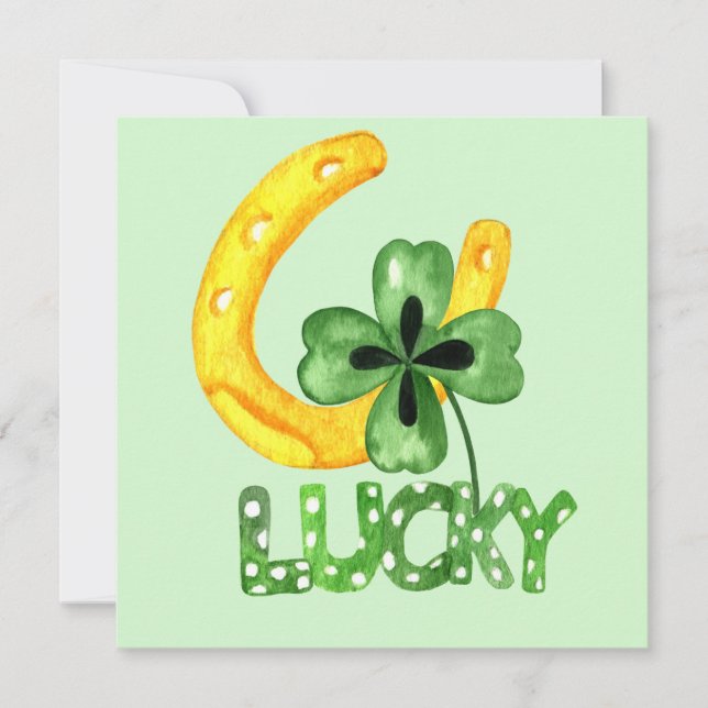 Lucky Shamrock & Horseshoe Flat Greeting Card (Front)