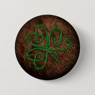 Lucky shamrock on leather texture 6 cm round badge
