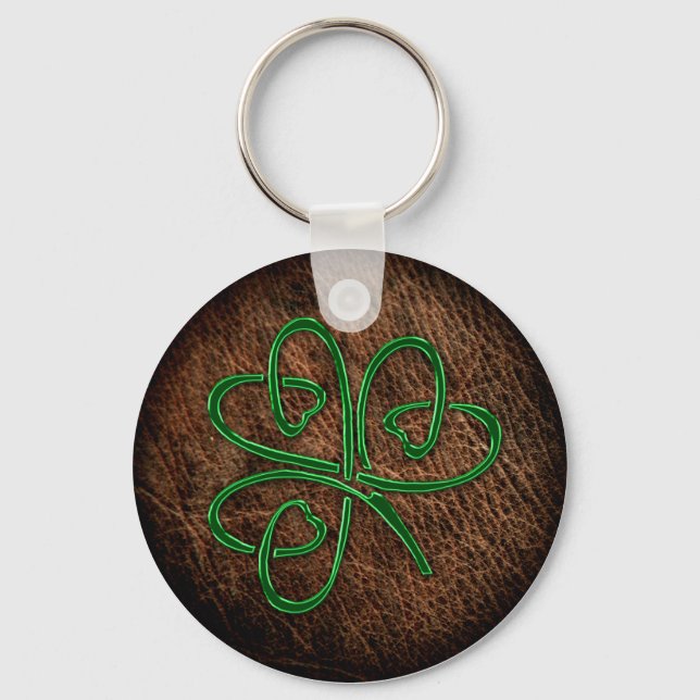 Lucky shamrock on leather texture key ring (Front)