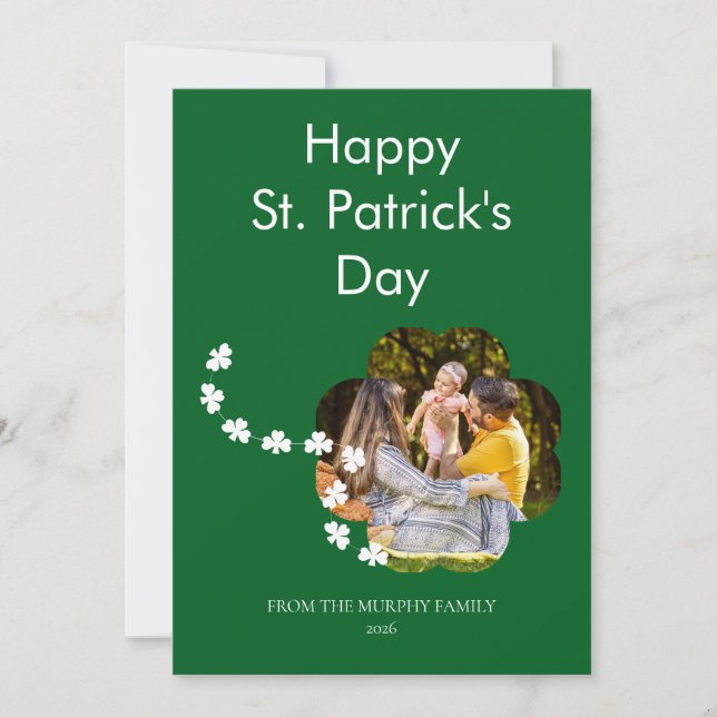 Lucky Shamrock Shape Photo St. Patricks Day Family Holiday Card (Front)