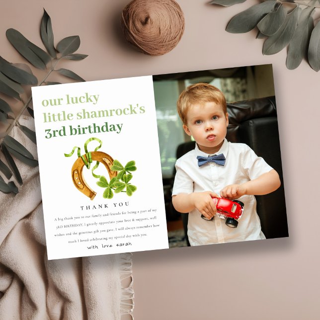 Lucky Shamrock St Patrick Day Kids Photo Birthday Thank You Card (Creator Uploaded)