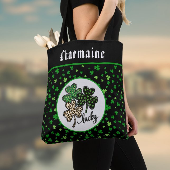 Lucky St Patrick Shamrock Green Black Cat Print   Tote Bag (Creator Uploaded)