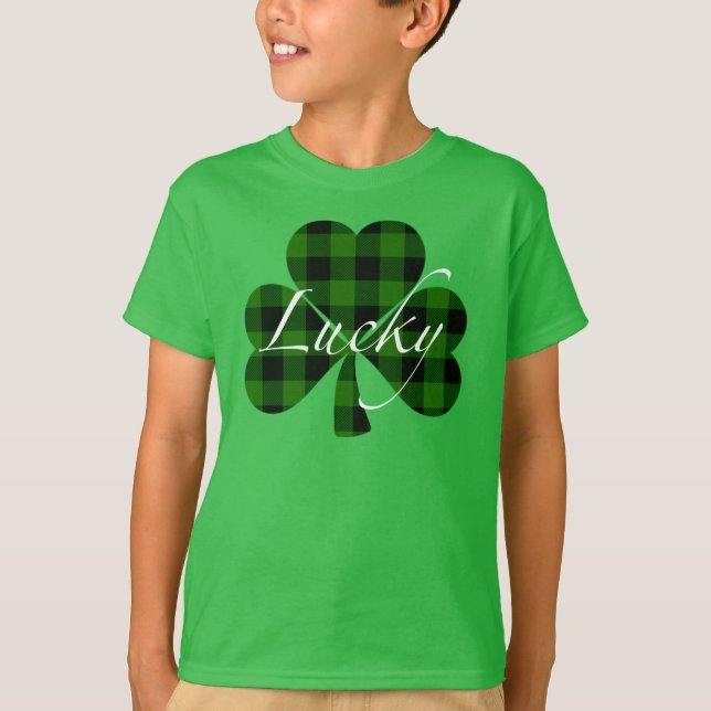 Lucky St. Patty’s Shamrocks | green plaid T-Shirt (Front)