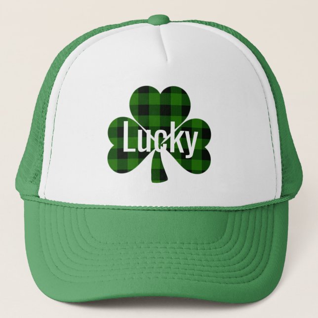 Lucky St. Patty’s Shamrocks | green plaid Trucker Hat (Front)