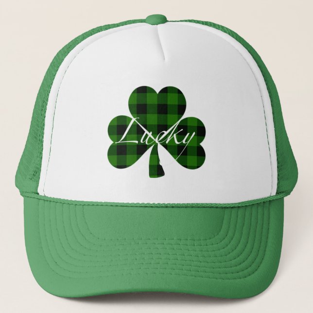 Lucky St. Patty’s Shamrocks | green plaid Trucker Hat (Front)