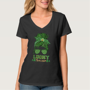Lucky Teacher Messy Bun St Patricks Day Women T-Shirt