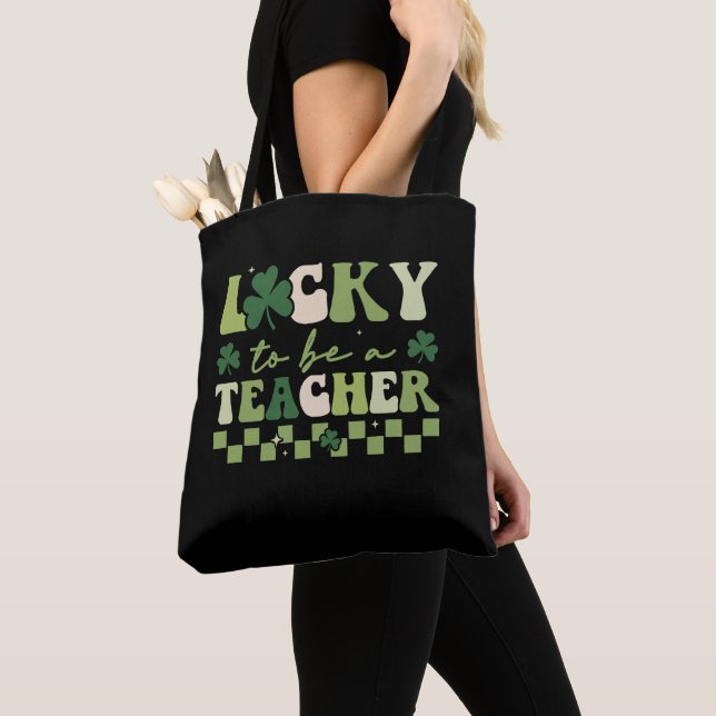 Lucky To Be Teacher Groovy Retro St Patrick's Day Tote Bag (Close Up)