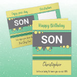 Lucky to have you son green and yellow birthday card<br><div class="desc">Personalize this Birthday Card for your son.
Designed in green,  yellow and gray.
Add his name and change text to suit.
We're so lucky to have you as our son.</div>