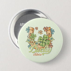 Lucky Vibes - Colourful Clovers & Golden Horseshoe 7.5 Cm Round Badge