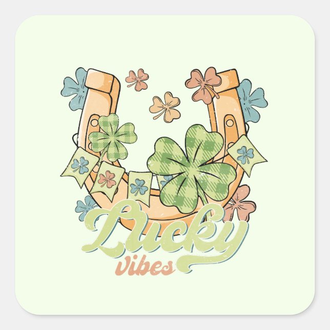 Lucky Vibes - Colourful Clovers & Golden Horseshoe Square Sticker (Front)