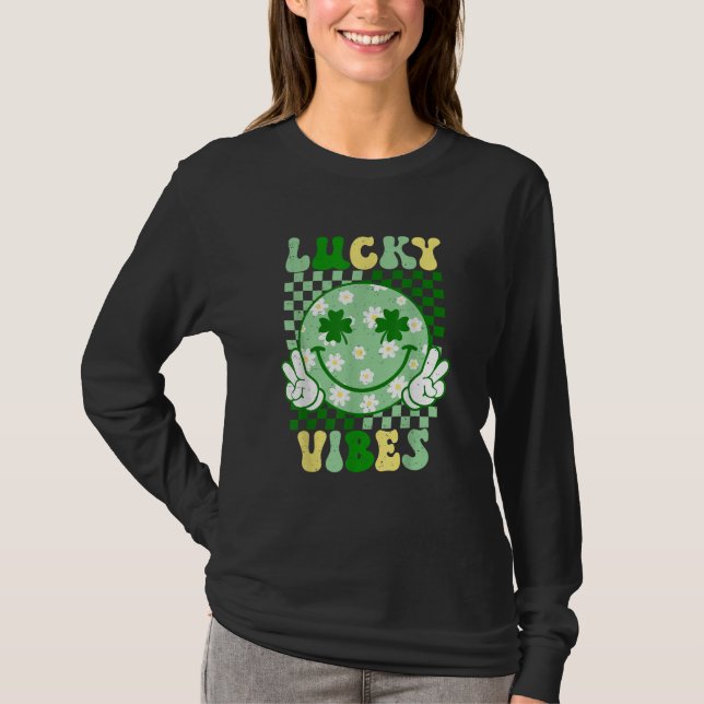 Lucky Vibes Happy St. Patrick's Day Shamrock T-Shirt (Front)