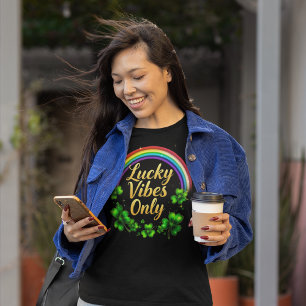 Lucky Vibes only shamrock irish rainbow on black T-Shirt