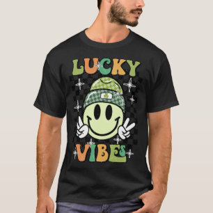 Lucky Vibes Retro St Patricks Day Groovy Smile Iri T-Shirt