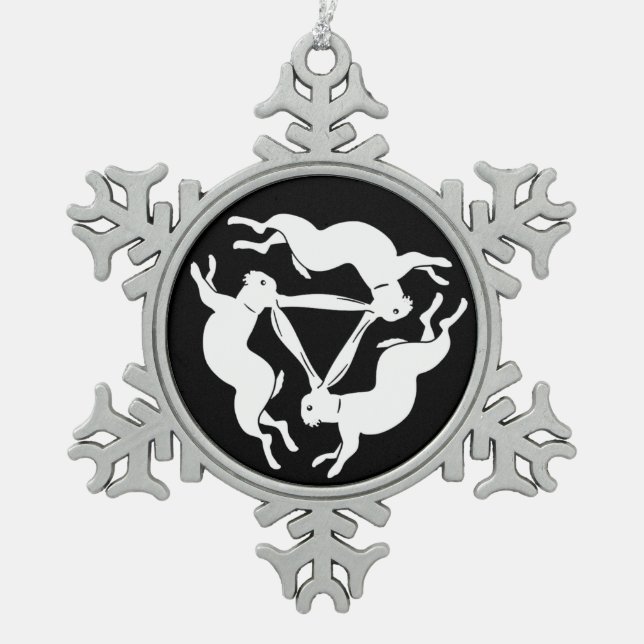 Lucky White Hare, Tinner's Rabbit Symbol Snowflake Pewter Christmas Ornament (Front)