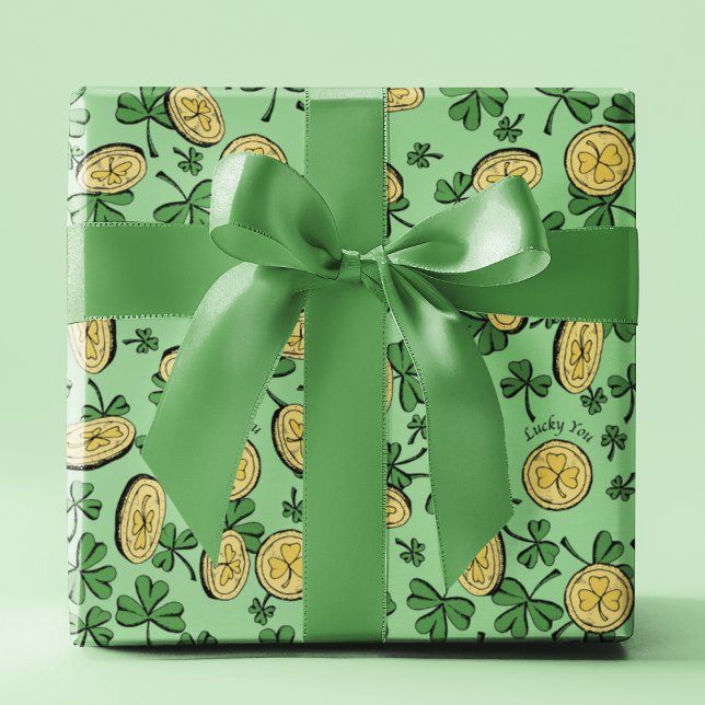 Lucky You Green Clover Gold Coins St Patrick's Day Wrapping Paper (Lucky You Green Clovers & Gold Coins St Patrick's Day Wrapping Paper on Light Green Background.)