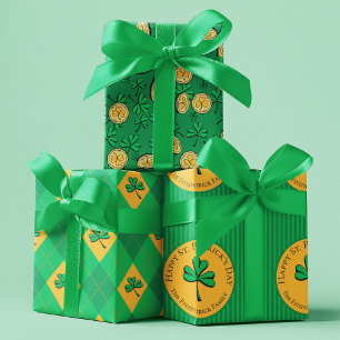 Lucky You Green Clover Gold Coins St Patrick's Day Wrapping Paper Sheet