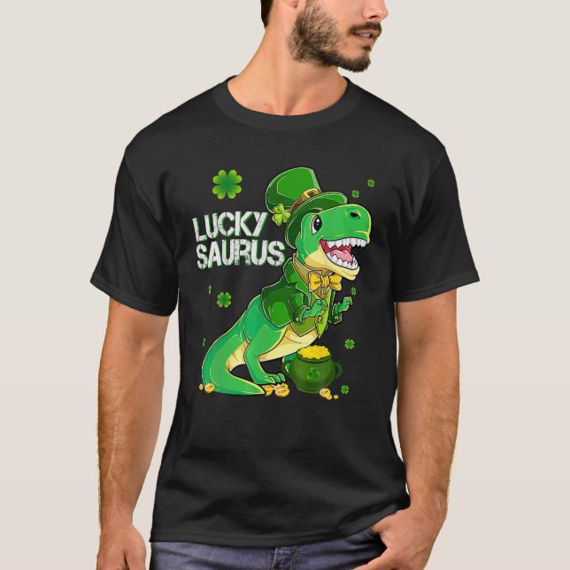 Luckysaurus Dinosaur Shamrock St Patricks Day Dino T-Shirt (Front)
