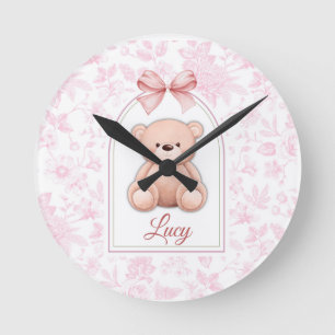 Lucy Custom Pink Teddy Bear Nursery Design Round Clock
