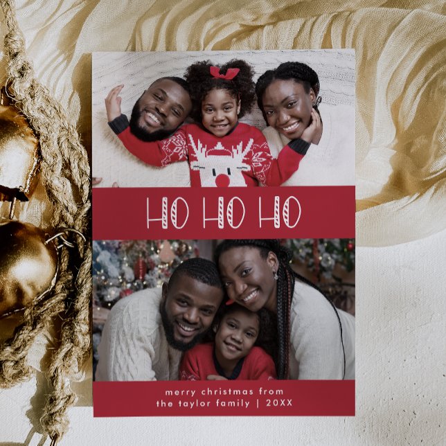 LUCY Dark Red Fun Family Ho Ho Ho Photo Christmas Holiday Card (LUCY Dark Red Fun Family Ho Ho Ho Photo Christmas Holiday Card)