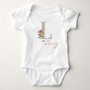 Lucy Name Reveal Floral Letter L Girl Whimsical Baby Bodysuit