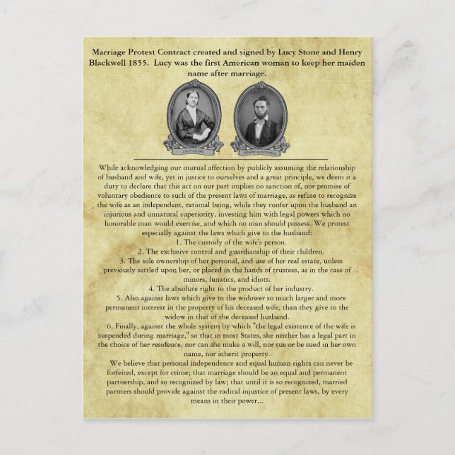 Lucy Stone Henry Blackwell Marriage Contract Postcard (Front)