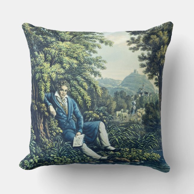 Ludwig van Beethoven by a River (coloured engravin Cushion (Front)
