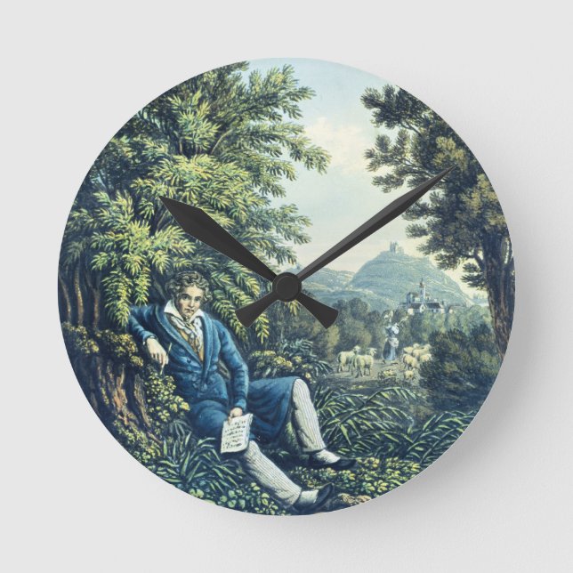 Ludwig van Beethoven by a River (coloured engravin Round Clock (Front)