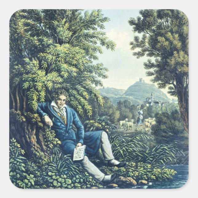 Ludwig van Beethoven by a River (coloured engravin Square Sticker (Front)