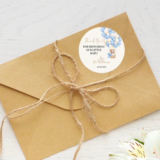 lue Teddy Bear Oh Boy Balloon Baby Shower Classic Round Sticker (Creator Uploaded)