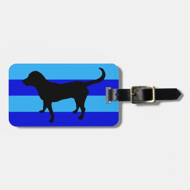 Luggage tag black lab silhouette blue stripes (Front Horizontal)