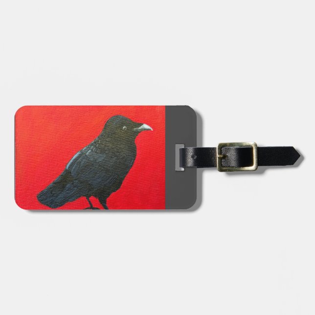 Luggage tag - black raven on red background (Front Horizontal)
