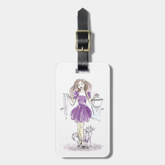 Luggage Tag Illustration Fashion Girl And Cat (Front Vertical)