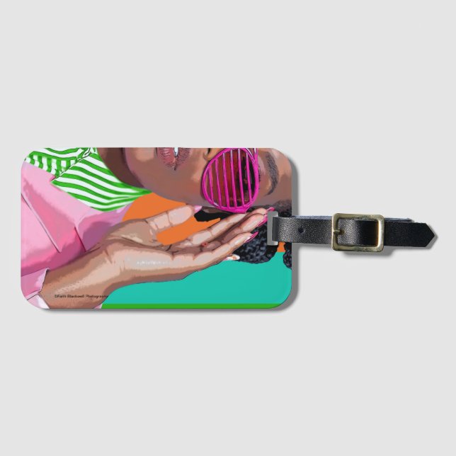 Luggage Tag. Pink and Green Stripes. Tag (Front Horizontal)