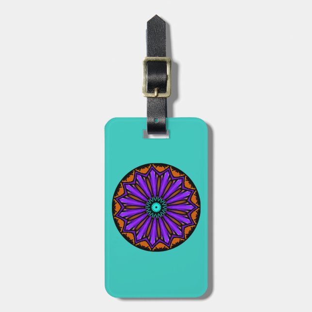 Luggage tag. Teal/blue background. Mandala design. Tag (Front Vertical)