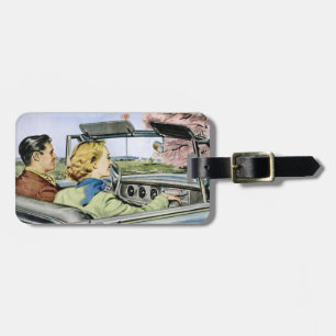 Luggage Tag with Vintage Couple Cruising The Car