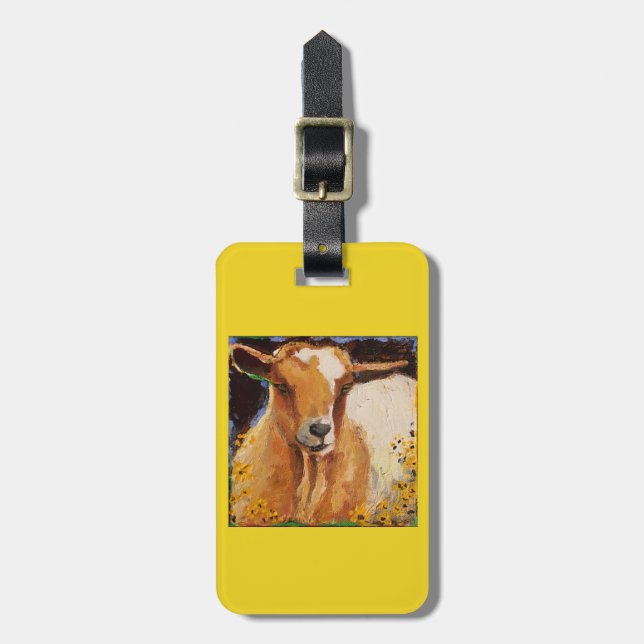luggage tag with white and tan goat (Front Vertical)