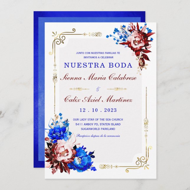 Lujo De Boda en Burdeos y Azul Invitation (Front/Back)
