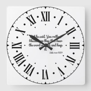 Luke 11:28 KJV Bible Verse Black Roman Numeral Square Wall Clock