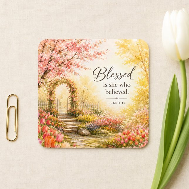Luke 1:45 Blessed Garden Path  Square Sticker (Creator Uploaded)