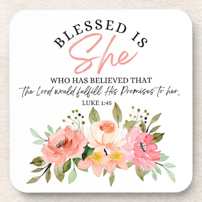 Luke 1:45 Blessed is She Floral Scripture Coaster (Front)