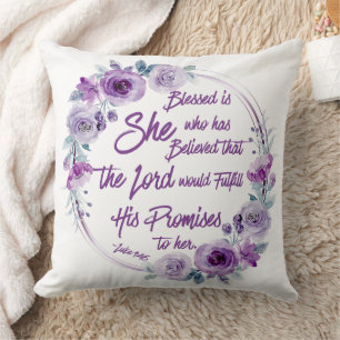 Luke 1:45 Blessed is She Purple Floral Cushion